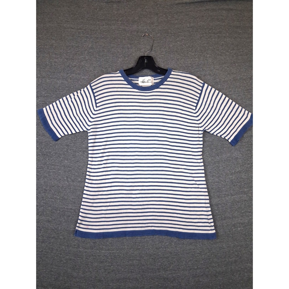 Kathie Lee Womens Shirt M Blue Stripe 100% Silk Knit Breton Coastal Nautical VTG